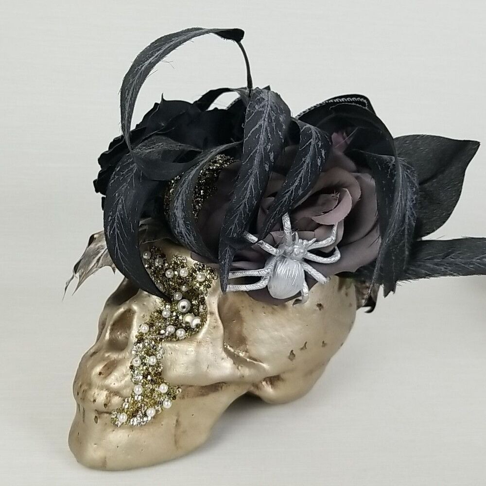 6" Masquerade Foam Skull Centerpiece Halloween Goth Decoration Black Feathers